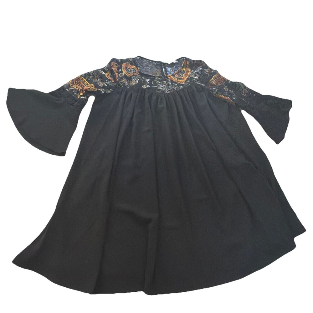 Umgee Black Pasiley Velour Top Bell Sleeve Dress Flowy Grandma Core Mixed Media